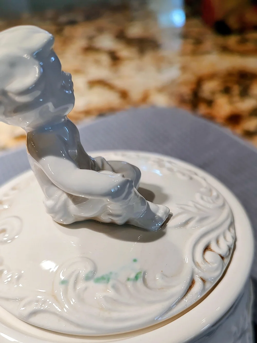 Enesco 1950's Cream Ceramic Stackable Trinket Jars with Cherub Lid